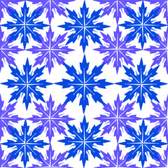 Seamless geometric winter pattern with dark blue and light blue snowflakes on a white background