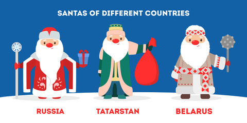 Set of cute funny Santa Claus wearing national costumes