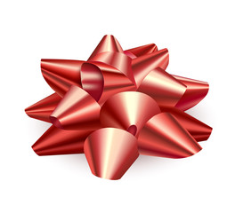 Big red bow, realistic. Accessory for gift wrapping. Side view. Isolated over white background. Vector illustration