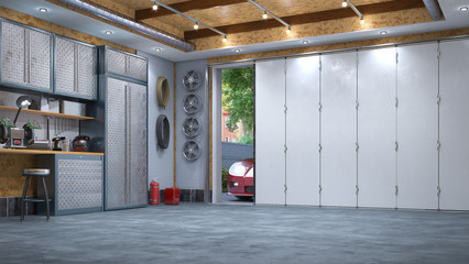 Modern garage interior with sectional gate. 3d illustration - obrazy, fototapety, plakaty