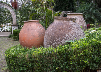 Obraz premium Terracotta clay pots in Monti palace gardens, Funchal, Madeira, Portugal, Europe