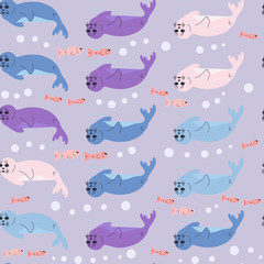 Seal pup seamless pattern in trendy colors. Vector illustration of lying seal animal, fish and snowflakes in a flat style. Design element for textile print, wallpaper, wrapping paper, web background.
