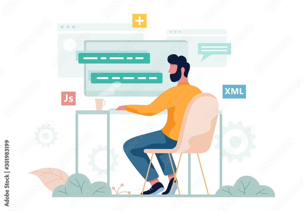 Poster porgrammer sitting at desk. web developer workplace. software programming