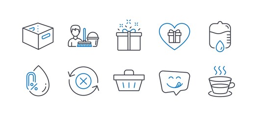 Set of Business icons, such as Reject refresh, Shopping basket, Romantic gift, Special offer, Yummy smile, Office box, No alcohol, Cleaning service, Drop counter, Coffee cup line icons. Vector