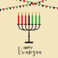 Vector illustration of Happy Kwanzaa holidays. Greeting card with menorah and flags.