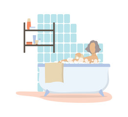 Woman taking morning shower in bathroom. Beautiful female character