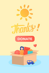 Banner Thanks with donate button. Kids Charity donation box with toys doll and small car. Illustration design for orphans.