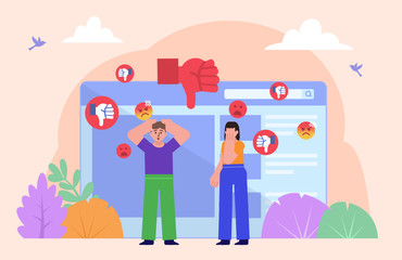 Bullying, trolling or harassment in internet, web. Man and woman stand near web page surrounded by dislikes. Poster for social media, banner, presentation. Flat design vector illustration