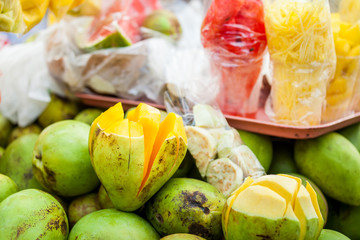 Traditional cart of an street vendor of tropical fruits in the city of Cali in Colombia