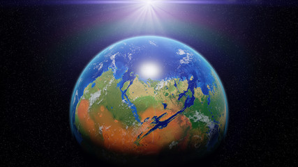 sunrise over terraformed Mars, plants and oceans on the red planet