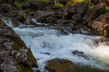 Fototapeta premium Waterfall Stalheimsfossen near Stalheim, Norway. July 2019
