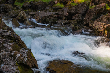 Waterfall Stalheimsfossen near Stalheim, Norway. July 2019
