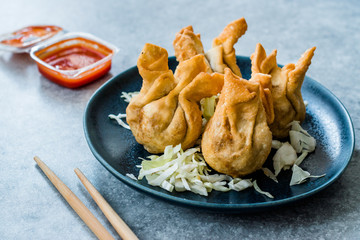 Nepalese Traditional Deep Fried Dumpling Momos served with Tomato Chutney, Schezwan sauce and Cabbage salad.