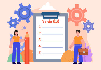 To do list, day planning, time management concept. Man and woman stand near big document. Poster for social media, web page, banner, presentation. Flat design vector illustration