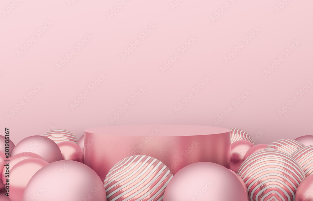 Poster empty cylinder box with christmas balls background. luxury cosmetic product display scene. 3d render