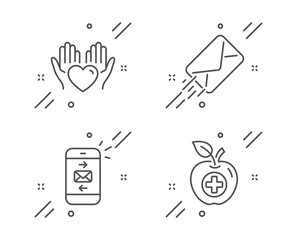 E-mail, Hold heart and Mail line icons set. Medical food sign. Mail delivery, Care love, Smartphone communication. Apple. Business set. Line e-mail outline icon. Vector