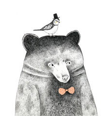 bear with a bird on his head - pencil drawing - 301985718