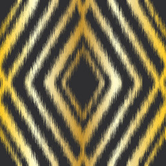 Gold diamond ikat seamless repeat vector pattern swatch on black background. Golden gradient. Tribal blurry fuzzy design.