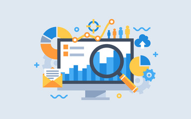 Modern flat design for analysis website banner. Vector illustration concept for business analysis, market research, product testing, data analysis. - obrazy, fototapety, plakaty