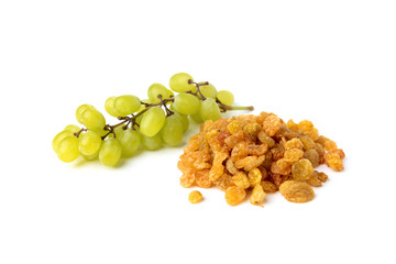 Raisin and green grape isolated on white background.