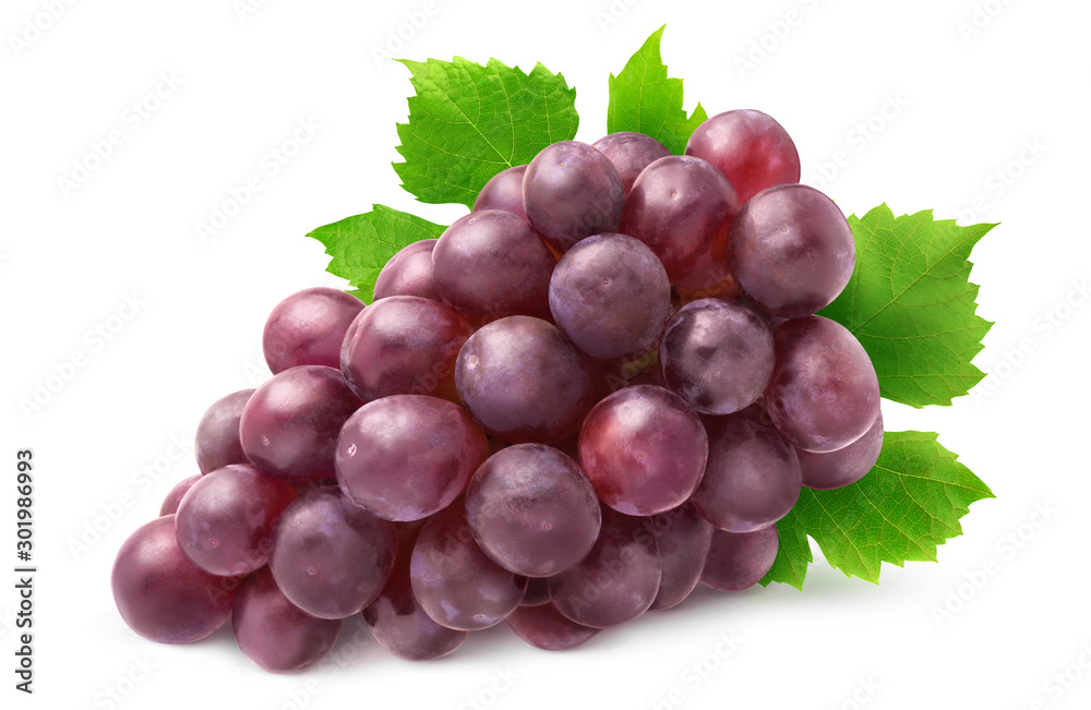 Fototapete isolated grapes bunch. red grapes with leaves isolated on white background with clipping path