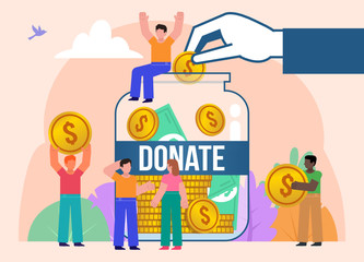 Obraz na płótnie Canvas Crowdfunding, donation, fundraising for charity. Group of people with coins stand near big jar for money. Poster for social media, web page, banner, presentation. Flat design vector illustration