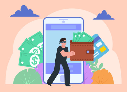 Internet Scam, Hacker, Steal Money From Phone. Thief In Black Steals Electronic Currency, Web Money. Poster For Social Media, Web Page, Banner, Presentation. Flat Design Vector Illustration