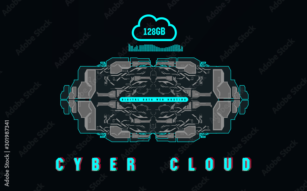 Poster cloud computing and innovation concept with hud elements. digital data, web hosting. cloud hosting c