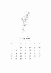 07 Page - JULY 2020 – 2020 Wall or Desk Decorative Calendar Concept. Daily Planner 2020 New Year with 12 Simple Flowers Illustration. Nature Theme with Minimal and Elegant Vector Design Layout.