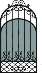Forged fence. Gothic door, vector design. Decorative garden gate. Metal pattern or iron wicket for garden, castel. Rich ornament. Scroll-work