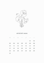 08 Page - AUGUST 2020 – Calendar Design 2020 Printable Vector Template. Daily Planner 2020. Week starts Monday. Diary Organizer Creative Template A4, A5.