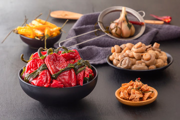 Fermented foods red hot peppers, garlic, mushrooms - traditional Korean food