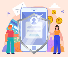 Online protection of private data on phone. Big shield covers phone login window. Poster for social media, web page, banner, presentation. Flat design vector illustration