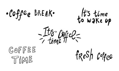 Hand lettering illustration about coffee. Vector Coffee time words and cups to go coffee calligraphy