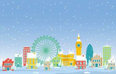 Fototapeta premium Winter Snow in London City Cityscape Skyline Landmark Building Illustration