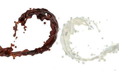 Fresh milk or cream, liquid melted chocolate or chocolate sauce 3D swirls splashes twisted, isolated. Liquid milk chocolate and fresh milk or cream splash advertising concept, label design elements