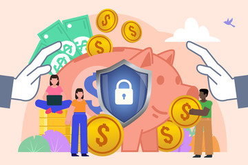 Financial security, money or savings under protection concept. Shield and big hands cover piggy bank. Poster for social media, web page, banner, presentation. Flat design vector illustration