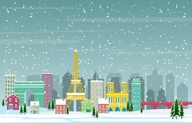 Winter Snow in Paris City Cityscape Skyline Landmark Building Illustration