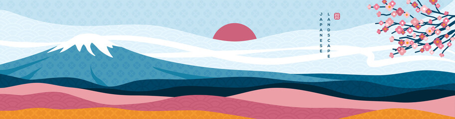 Mount Fuji panorama at sunset with sakura tree. Japanese greeting card or banner for Happy New Year 2020. Clouds, sun and asian patterns in modern style. © kotoffei