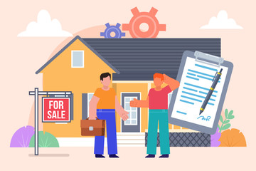 Real estate sell or buy concept. Two men handshake in front of house and contract. Poster for social media, web page, banner, presentation. Flat design vector illustration