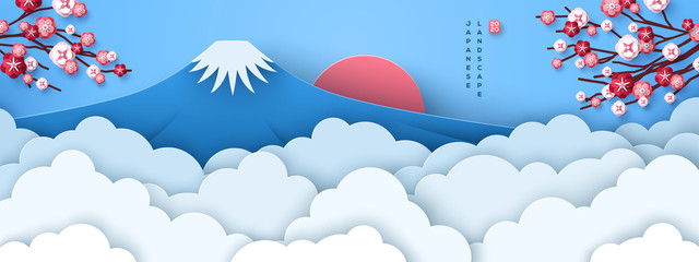 Mount Fuji at dawn. Japanese greeting card or banner with sakura tree branches and paper cut clouds or fog. Happy New Year 2020. Vector illustration. - obrazy, fototapety, plakaty