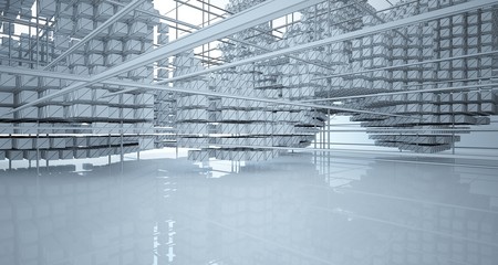 Drawing abstract architectural white interior from an array of cubes with large windows. 3D illustration and rendering.