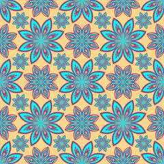 Gentle abstract flowers oriental seamless pattern, blue purpule orange pastel color, isolated on beige background.