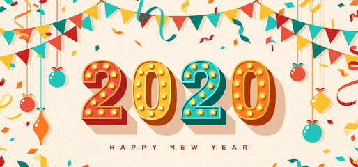 Happy New Year 2020 card or banner with typography design. Vector illustration with retro light bulbs font, streamers, confetti and hanging baubles.