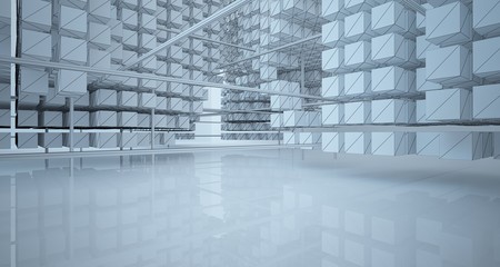 Drawing abstract architectural white interior from an array of cubes with large windows. 3D illustration and rendering.