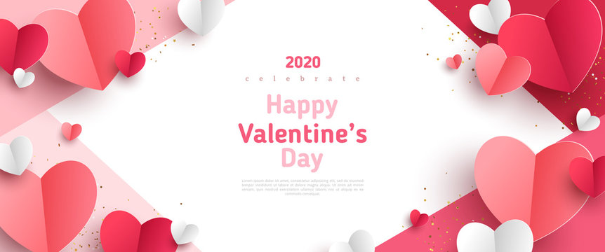 Valentine's day concept frame. Vector illustration. 3d red and pink paper hearts on geometric background. Cute love sale banner or greeting card