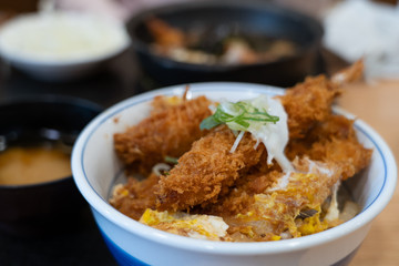 Close up image of Japanese style tempura donburi on a white bowl at a restaurant
