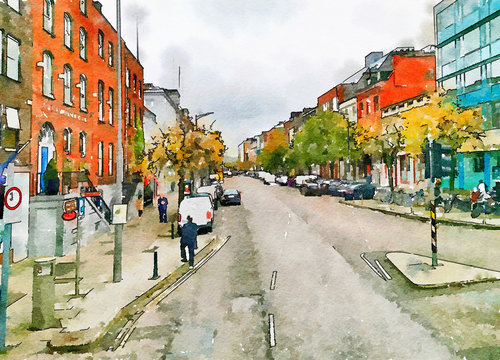 shopping center and streets in Cork, watercolor style