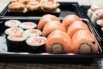 Delicious set of rolls of rice and fish.