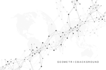 Geometric abstract background with connected line and dots. Network and connection background for your presentation. Graphic polygonal background. Scientific vector illustration.